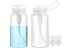 MOONLIK Push Down Pump Dispenser, 3.4oz Clear Pump Bottles with Alcohol, Acetone, Nail Polish Remover, Makeup Remover, Toner Stickers Empty Push Top Container for Liquid (100ml-2Pack)