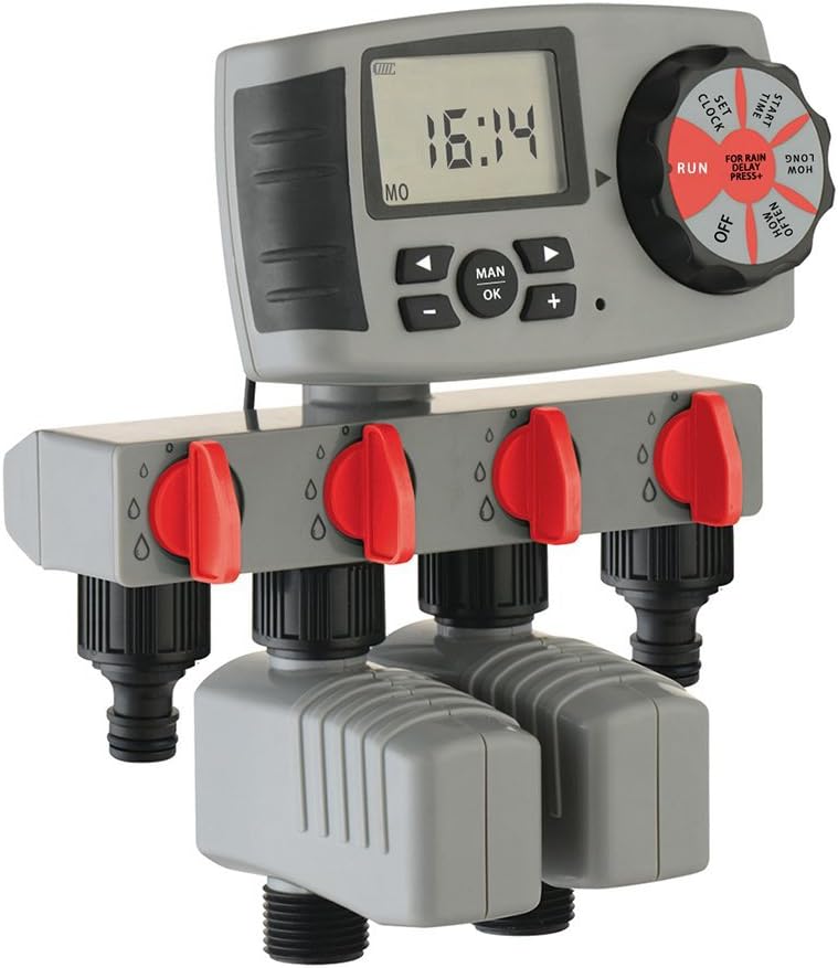 Timer Garden Water Aqualin Automatic 4-Zone Irrigation System Watering Timer Controller with 2 Solenoid Valve #10204A