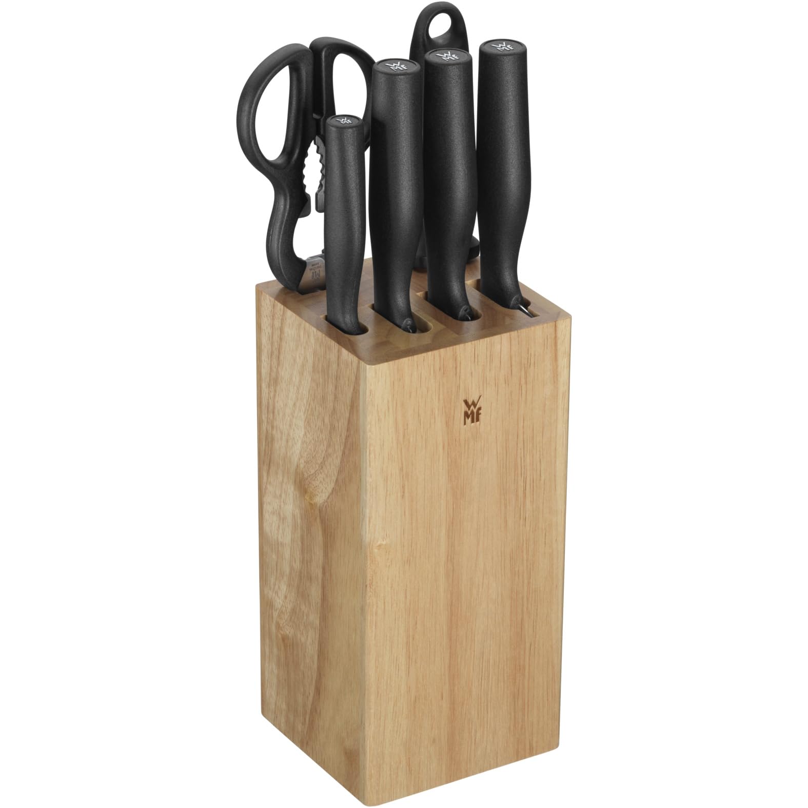 WMF Impulse Messerblock mit Messerset 7teilig, Made in Germany, 4 Messer, Küchenschere, Wetzstahl, Gummibaumholz, platzsparende Aufbewahrung, exzellente Schärfe, perfekte Ergonomie