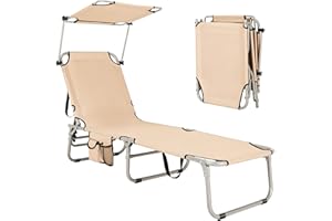 GYMAX Beach Chair with Canopy Shade, Folding Tanning Lounge with Adjustable Backrest, Carry Handle & Side Pocket, Sunbathing Chair for Outside, Patio, Poolside, Lawn (1, Beige)