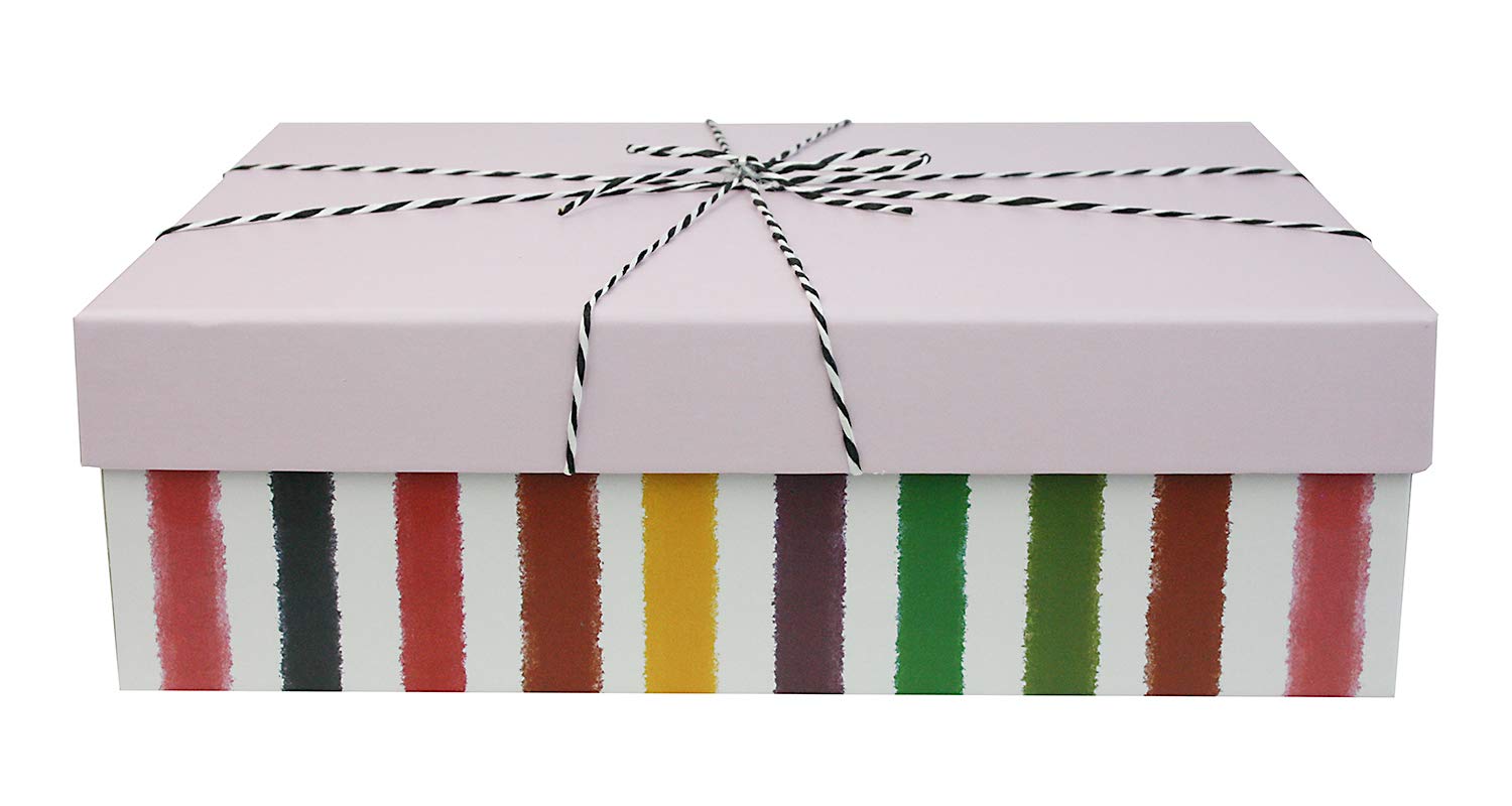 Emartbuy Rigid Luxury Rectangle Shaped Presentation Gift Box, 28.5 cm x 20.5 cm x 8.7 cm, White Stripes Box with Pink Lid, Striped Ribbon and Printed Interior