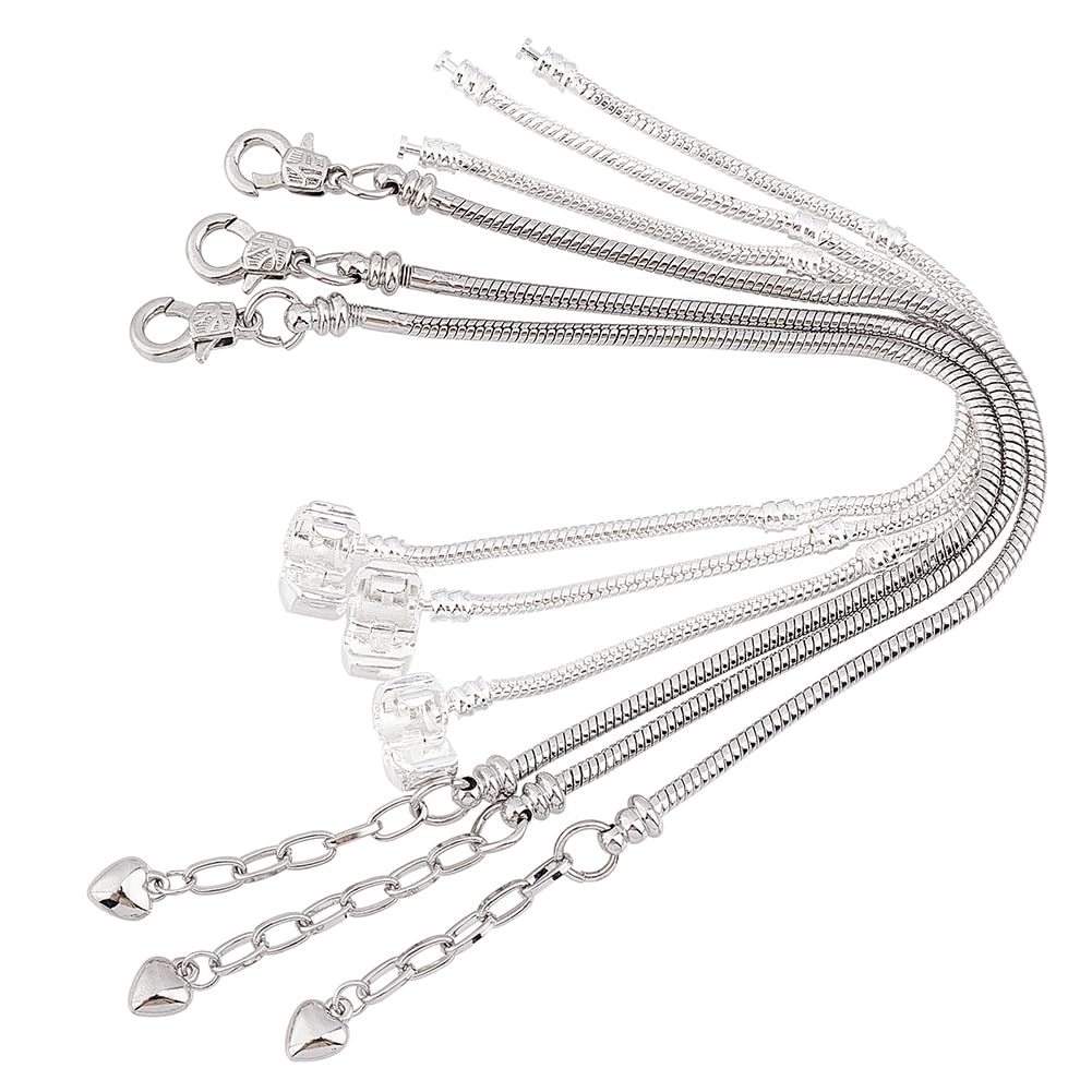 SUNNYCLUE 1 Box 6Pcs 2 Styles 3mm Snake Chain Charm Bracelet for Bead Charms Silver Plated European Charm Bracelets with Heart Classic Bead Lobster Claw Clasp Extender Chain for Jewelry Making