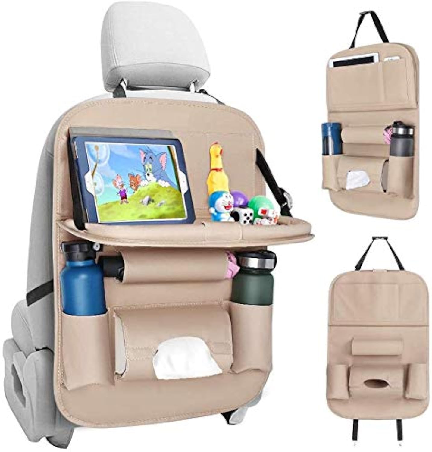 Heyham PU Leather Car Seat Back Organizer, 1 Pack Waterproof Kick Mats Car Tray Table for Kids Multi-Pocket Travel Car Storage With Touch Screen iPad and Foldable Dining Table Holder (Off-white)