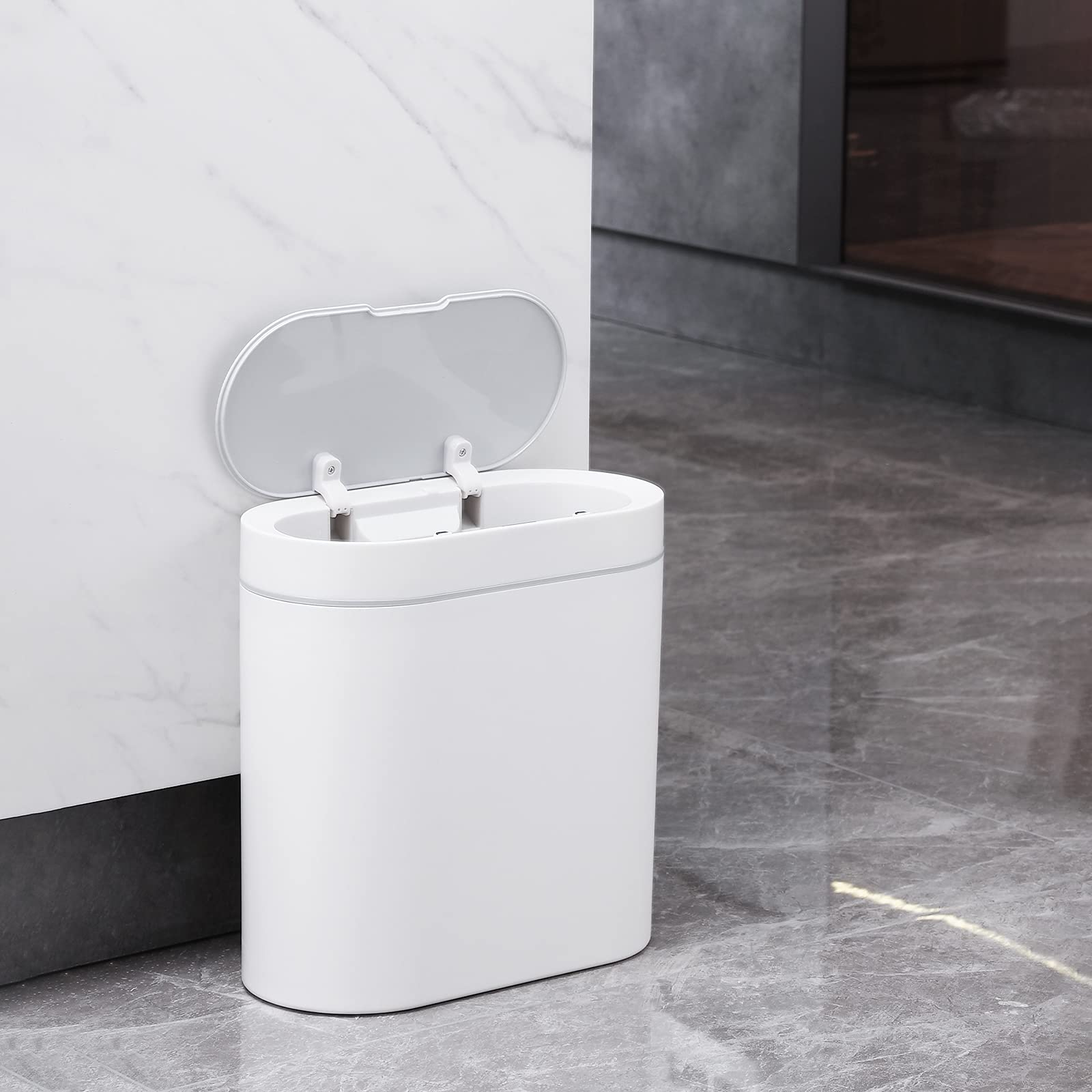 ELPHECO 2.5 Gallon Bathroom Trash Can with Lid, Slim Motion Sensor Garbage Can, Automatic Waste Bin, Small Narrow Trash Can for Bathroom, Bedroom, Office, Kitchen – White