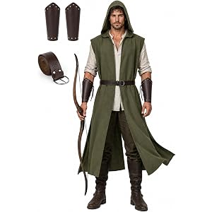 UQJE Mens Medieval Hooded Sleeveless Surcoat Faux Linen