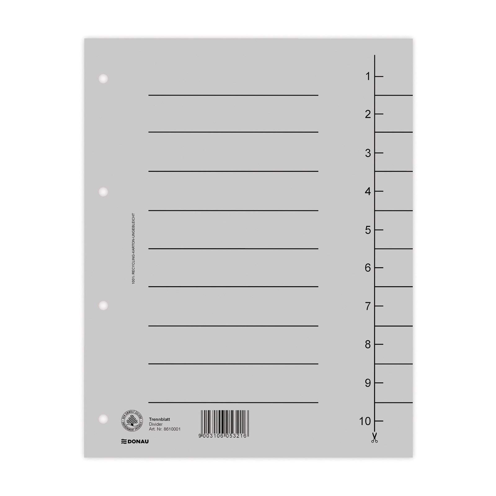 DONAU 8610001-13 Pack of 100 Dividers, Colour: Grey/Cardboard Index Extra Wide Made of Recycled Cardboard 250 g/m² with Line Print for DIN A4 4-Hole Dividers Dividers Folder Index