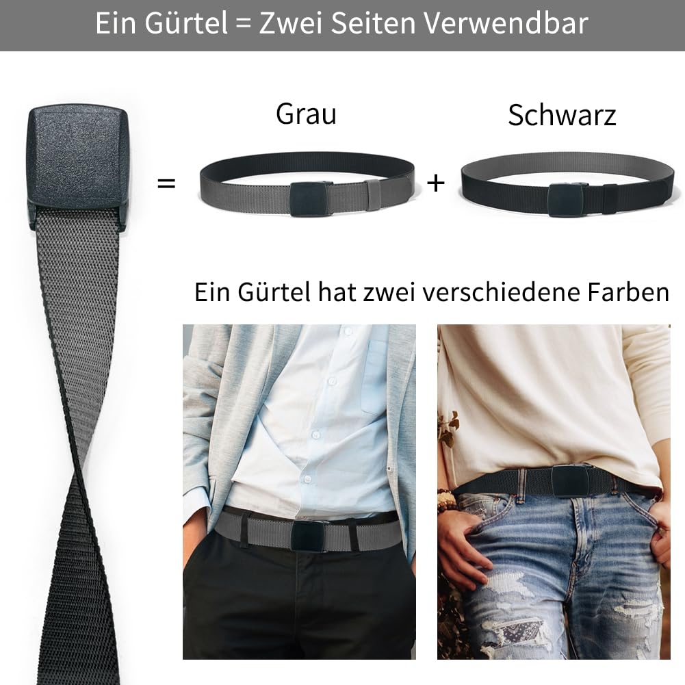 LionVII Elastische Gürtel für Herren, 2 Farben in 1 Gürtelband für Arbeit Outdoor Wandern,130 cm Stretchgürtel mit Kunststoffschnalle (Schwarz und Grau) 3