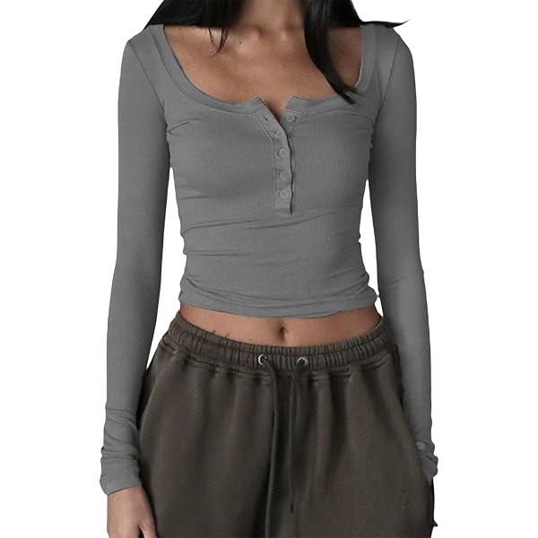 Y2k Crop Tops Women Henley Long Sleeve Solid Slim Fit Basic T