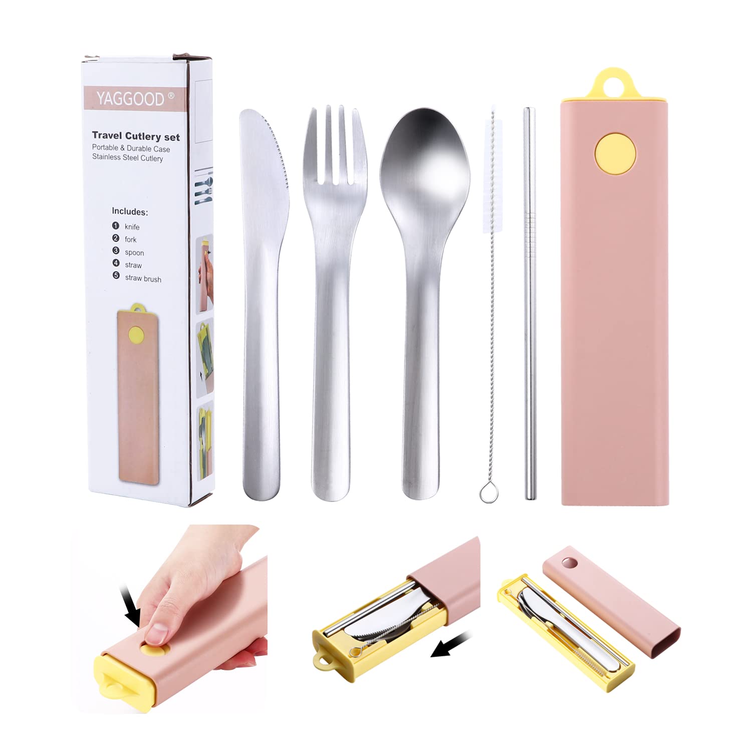Travel Cutlery Sets to GO | Portable & Reusable Cutlery Set with Knife,Fork,Spoon, Straw, Brush for Home/Travel/Camping Cutlery Set with Case (Pink & Yellow)