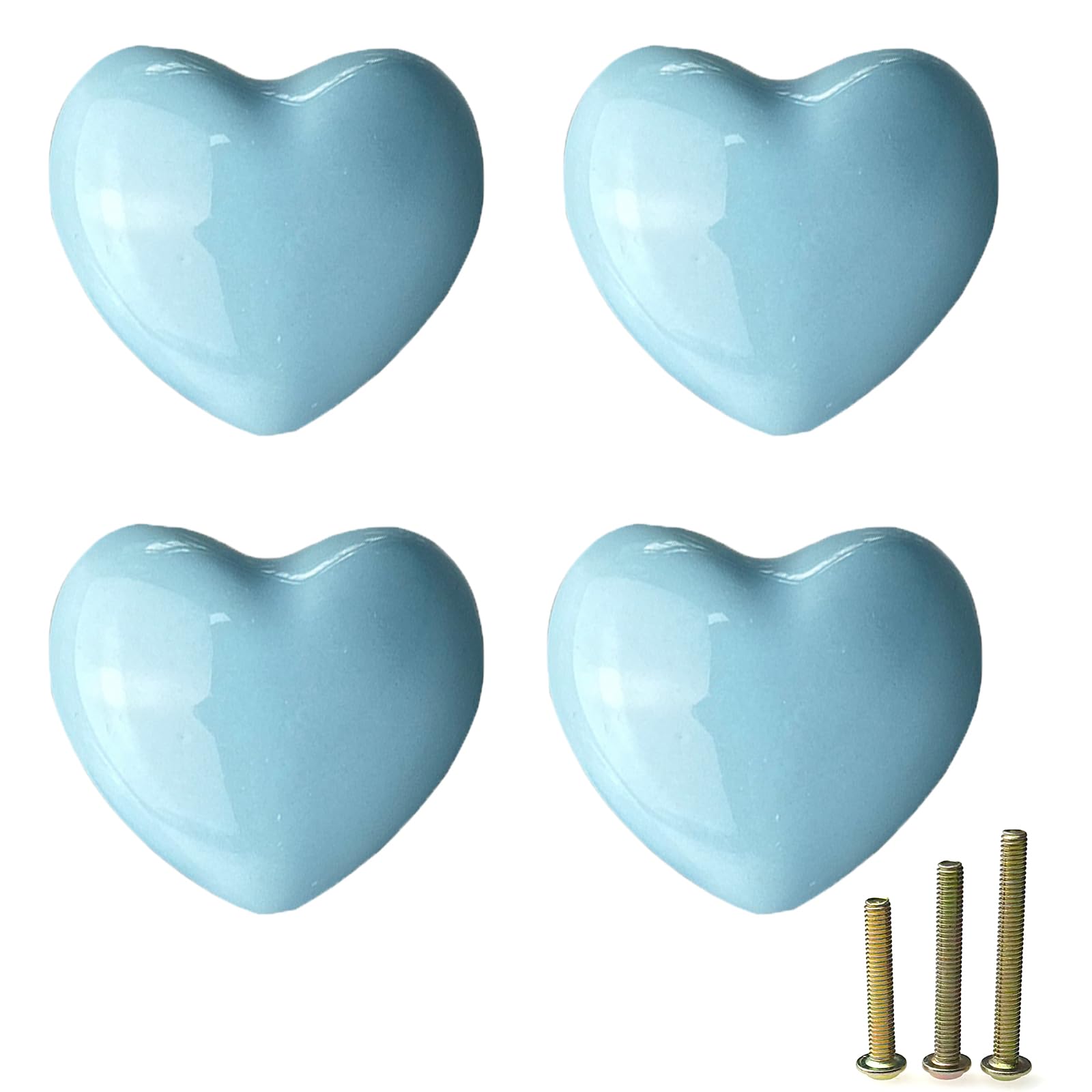 Mimhooy 4 Pack Sky Blue Ceramic Heart Shaped Drawer Knobs - Decorative Cabinet and Cupboard Hardware for Draws