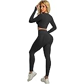 YOAKUKA 2 Piece Workout Legging Sets for Women Yoga Gym Outfit Seamless Long Sleeve Athletic Active Wear Tummy Control