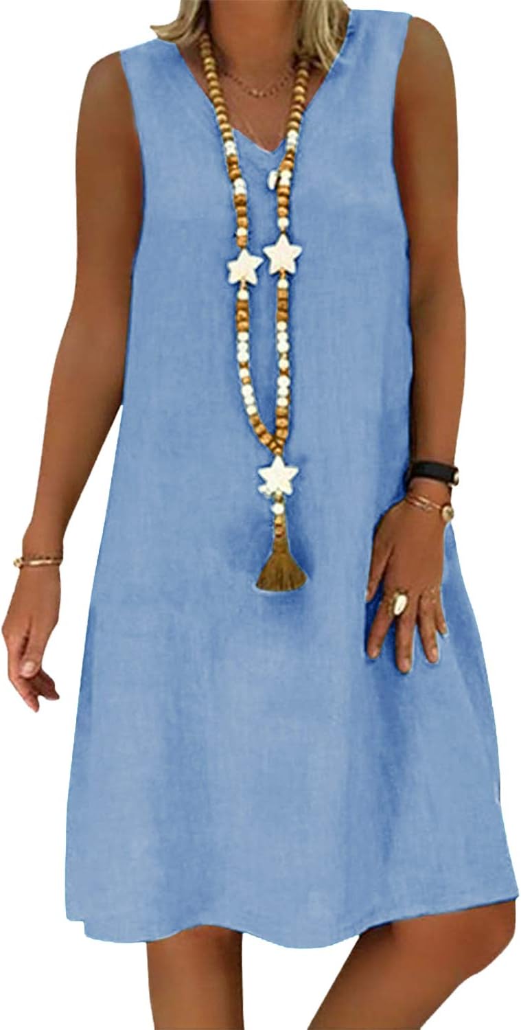 Yidarton Women's V Neck Summer Dress Short Sleeve Casual Midi Dress Chic Vintage Ethnic Sundress Solid Color Loose Linen Dress Without Accessories