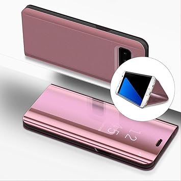 LCHDA Samsung Galaxy S7 Edge Spiegel Ledertasche klapphülle Rose Gold Brieftasche Schutzhülle Handyhülle Durchsichtig Clear V