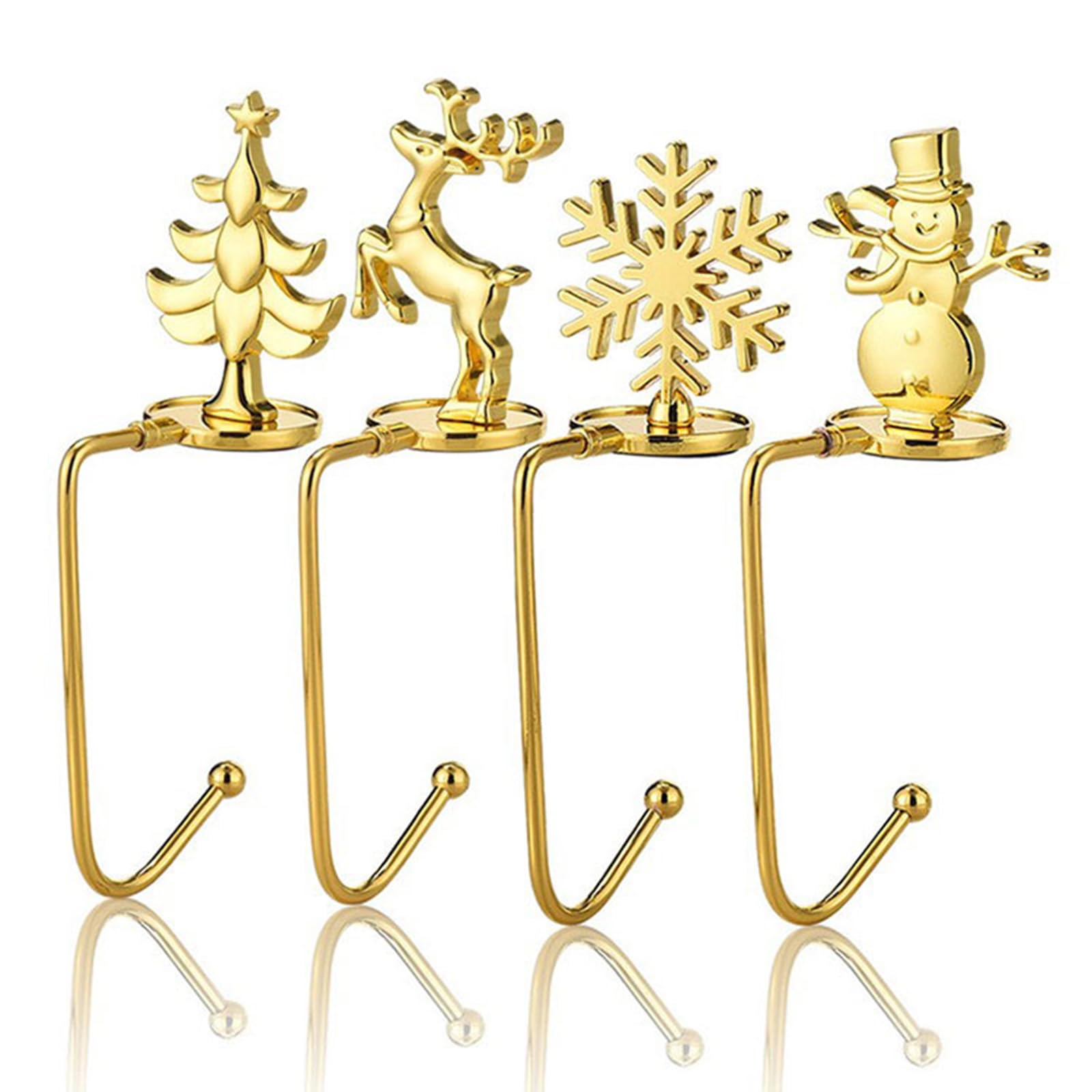 heigudan 4 PCS Christmas Stocking Hooks Holder, Christmas Tree Snowflake Reindeer Snowman Stocking Hangers, Anti Skid Safety Metal Hang Grip for Mantle Fireplace Christmas Party Decoration (Golden)