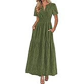 PRETTYGARDEN Womens Spring Maxi Dress Short Sleeve V Neck Cotton Hollow Out A Line Beach Vacation Long Dresses with Pockets