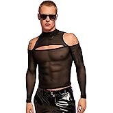 WDIRARA Men's Cut Out Front Mesh Sheer Mock Neck Long Sleeve Bodycon Party Blouse Tops