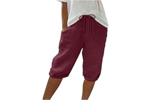 yardsong Linen Shorts for Women Knee Length Bermuda Shorts Drawstring Elastic Waist Summer Casual Gym Shorts with Pockets