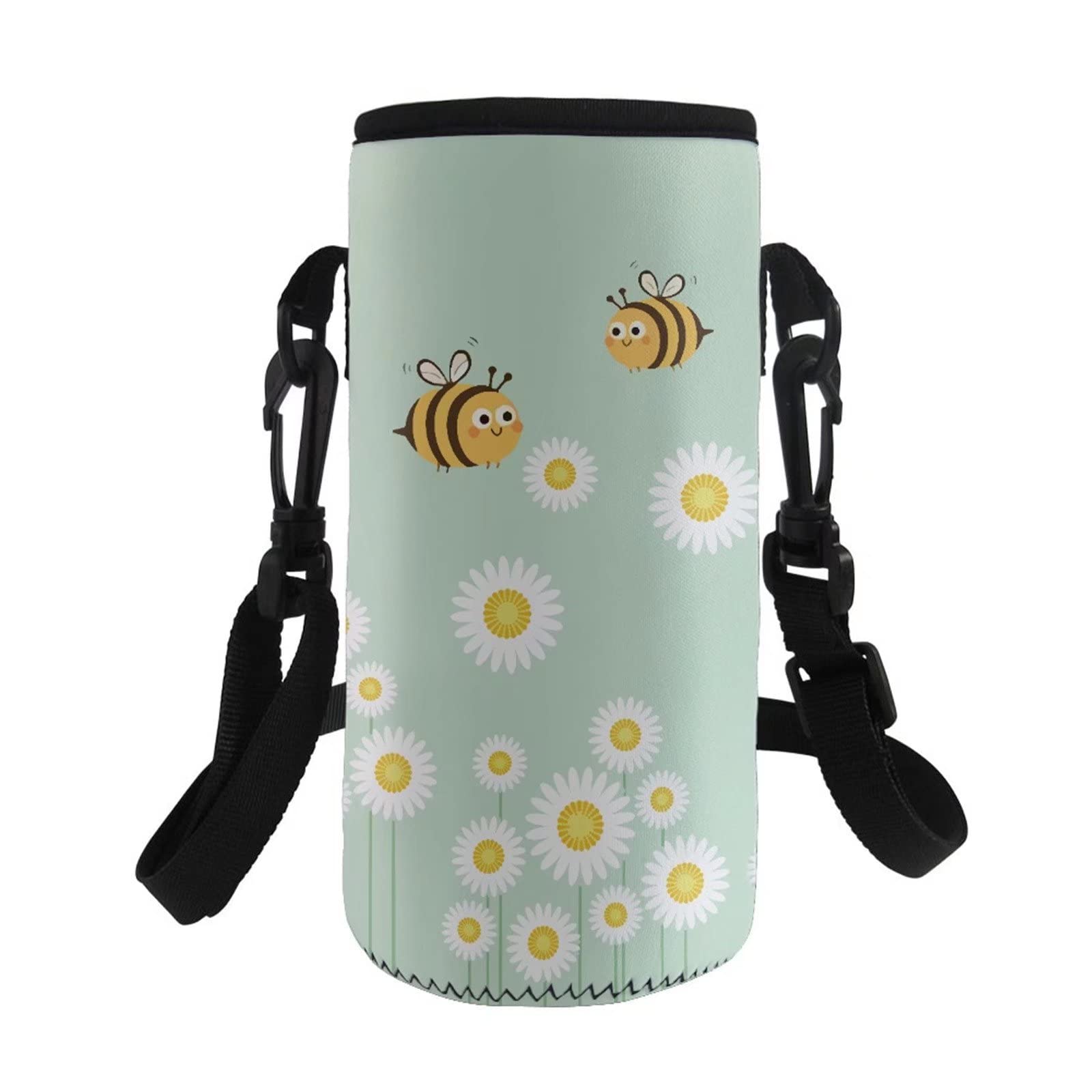 COEQINE Insulated Water Bottle Sling Holder Bag with Bees Daisy Pattern for Girls Women Hiking Travel Outdoor Walking Bottle Carrier Neoprene Water Bottle Holder Pouch Adjustable Shoulder Strap