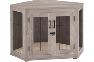 beeNbkks Furniture Corner Dog Crate/Kennel Wooden End Table with Cushion, Indoor Pet Crate Side Table for Small Medium Dogs Puppy, Perfect for Limited Room(Medium, Weathered Gray)