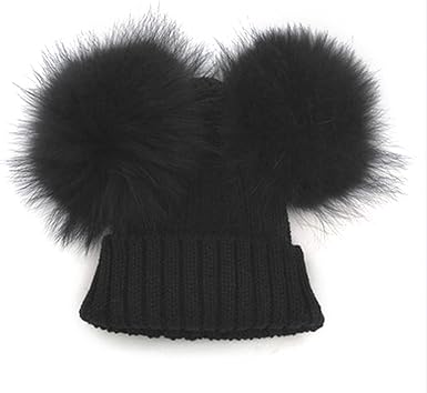 Amazon Com Mioim Baby Boys Girls Winter Beanie Wool Knit Hat Raccoon Fur Double Big Ball Pompom Bobble Ski Cap Black Clothing