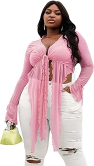 SheIn Women's Plus Mesh Tie Front Draped Deep V Neck Blouse Shirt Flounce  Long Sleeve Crop Tops Pink Large Plus at Amazon Women's Clothing store