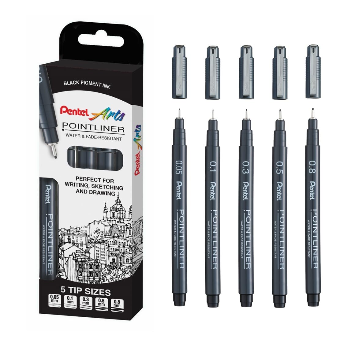 Pentel Arts Pointliner, Black pigment ink, Pack of 5