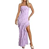 ZESICA Women's 2026 Strapless Bodycon Dress Sexy Off Shoulder Mesh Tassel Ruffle Side Split Tube Party Maxi Dresses