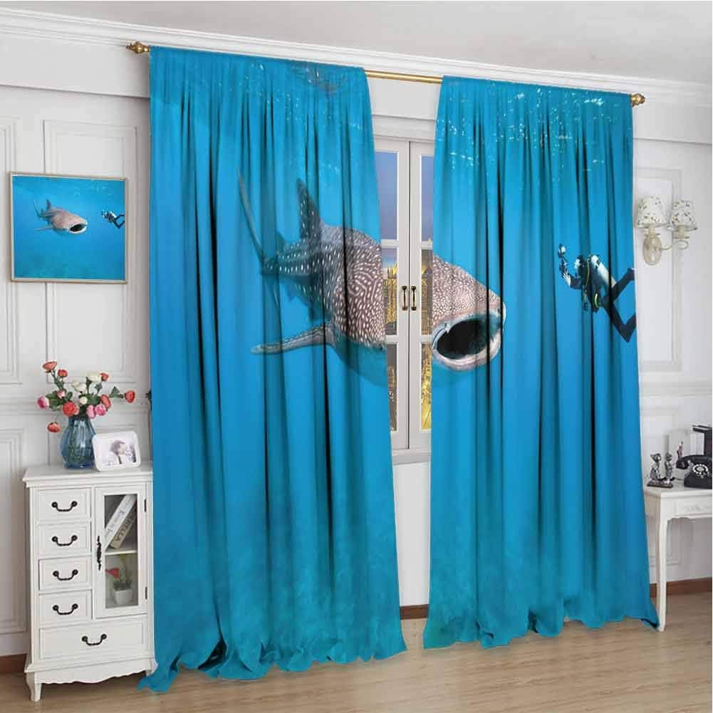 Shark Blackout Curtain Giant Whale Shark and Underwater Photographer in Wildlife Diving Image 2 Panel Sets W96 x L84 Inch Violet Blue Light Grey