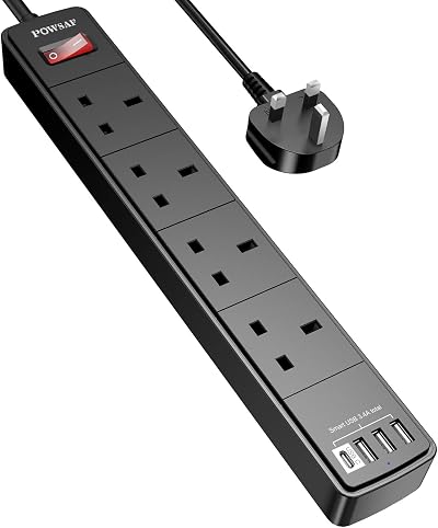 POWSAF 4 USB Ports Extension Lead with 4 Outlets 2m UKCA