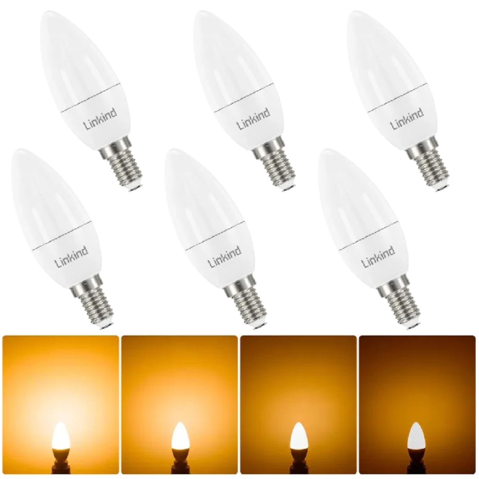 Linkind E14 LED Dimmable Candle Light Bulbs, 4.2W SES Candle Bulb B35, 470lm, 40W Equivalent, 2700K Soft White, Energy Saving, CE/RoHS/ErP Certified, 6 Pack