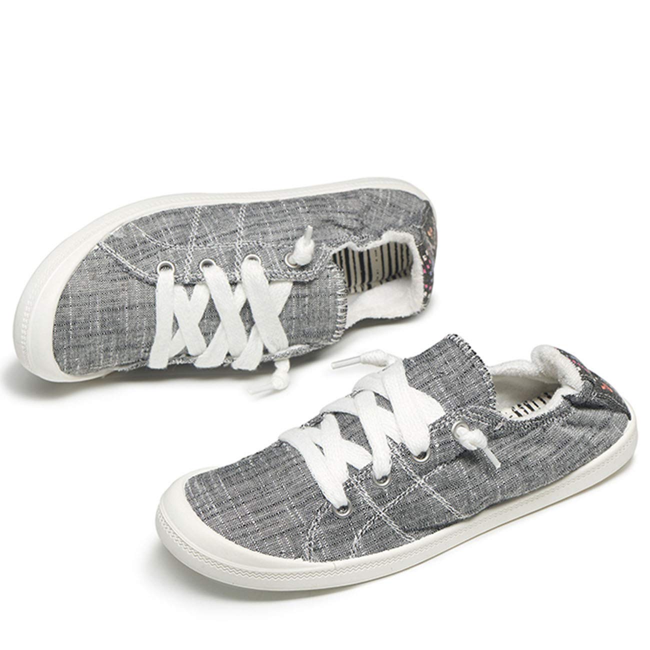 FIRENGOLI Women\'s Slip On Trainers Casual Sneakers Lace Up Flat Shoes Canvas Loafers (5 UK,Grey)