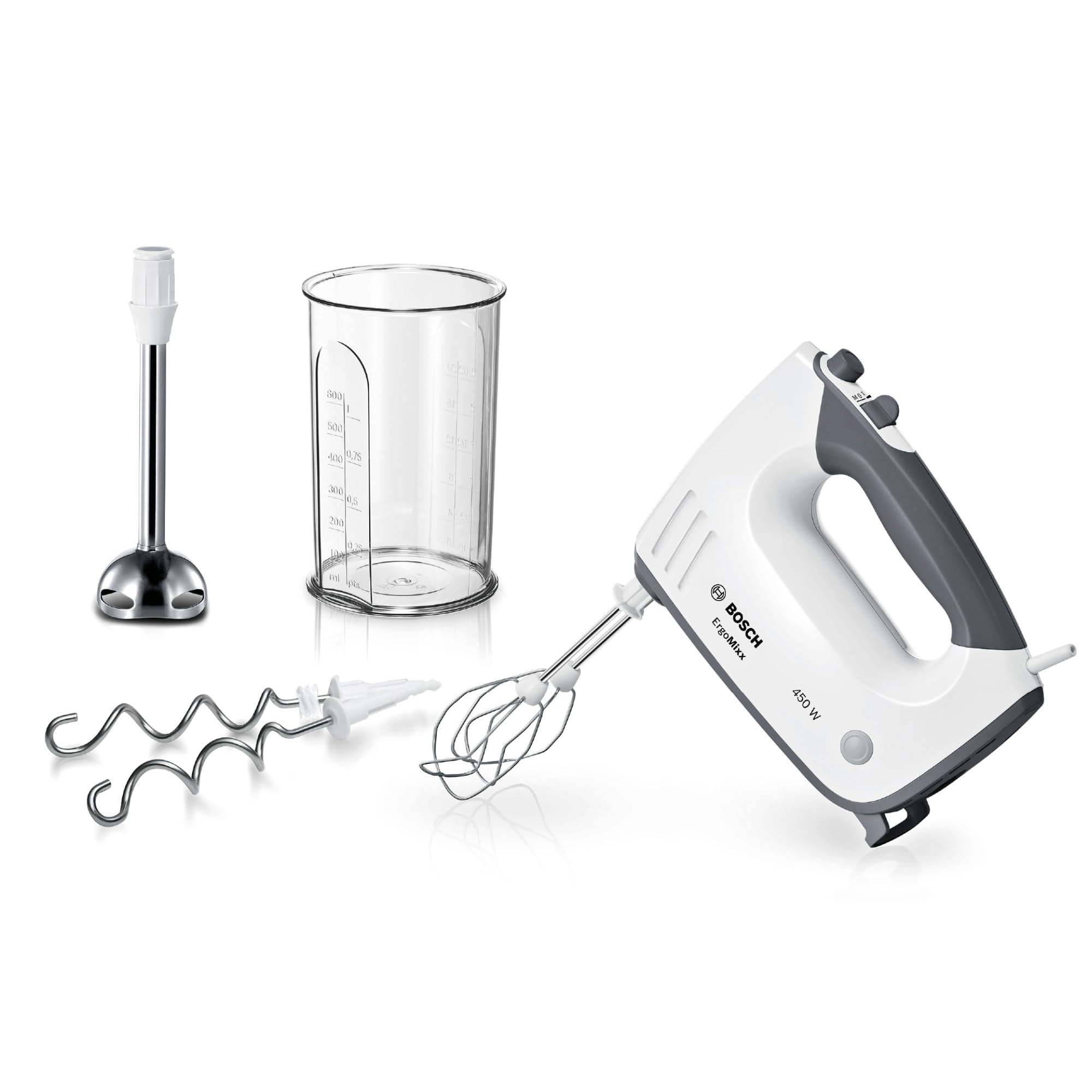 Bosch Handrührgerät, mit Pürierstab, Mixbecher, Edelstahl Rührer, Knethaken, spülmaschinenfest, 5 Stufen plus Turbotaste, weiß/grau, 750 W, ErgoMixx MFQ37470 4
