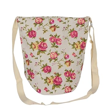 STRIPES Pink Rose Flower Print Design Cotton Fabric Waterproof Sling Bag for Women/Girls
