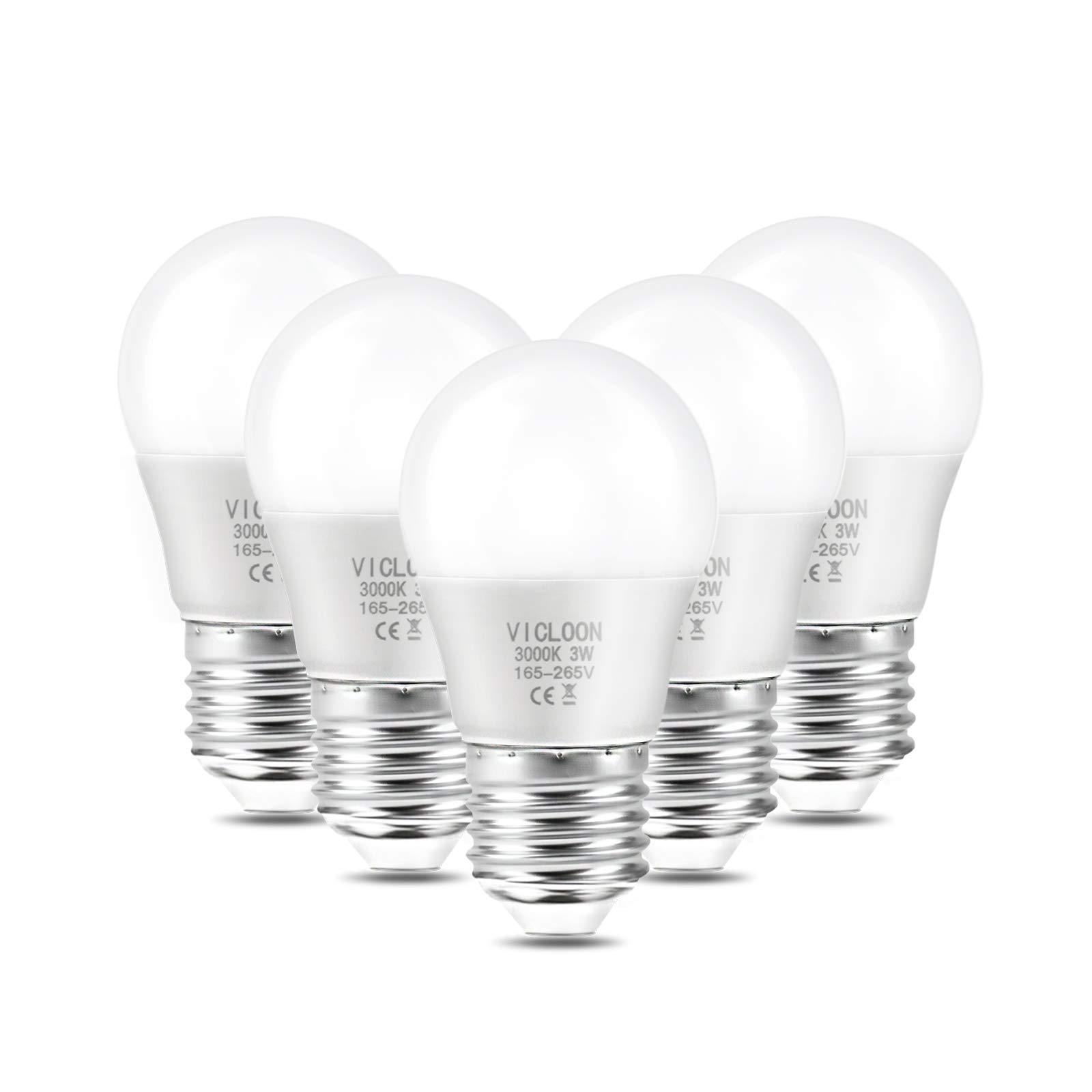 Vicloon LED E27 Light Bulbs, 5 Pcs 3W G45 E27 LED Golf Ball Light Bulb, 25W Incandescent Bulb Equivalent, Warm White 3000K, 280LM, No Dimmable