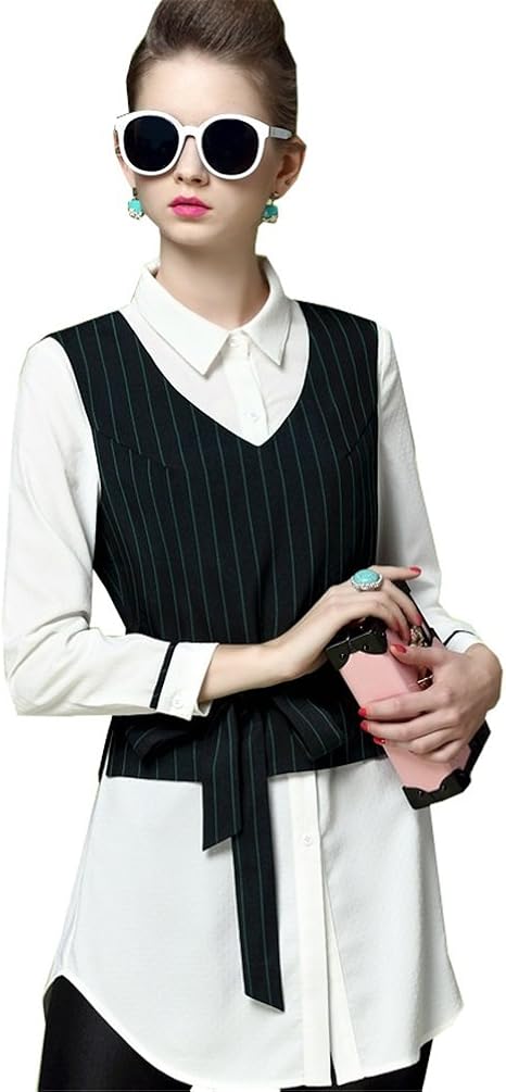 Amazon アンバーキー Umbarkie レディース ファッション カットソー ストライプ 縞 ベスト リボン シャツ セット 通勤 オフィス カジュアル 長袖 春 夏 秋 Tシャツ カットソー 通販