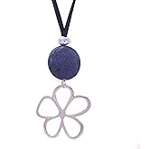 NILUXE DESIGN -Women's Natural Stone Pendant Lapis Lazuli – Women's Flower Pendant – Long Necklace with Adjustable Suede Cord – Large Silver-Plated Flower – Boho Style Stone Necklace Protective Amulet