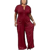 Hostoyo Plus Size Jumpsuits for Women Casual Wide Leg Crew Neck Short Sleeve Long Pants Romper With Pockets