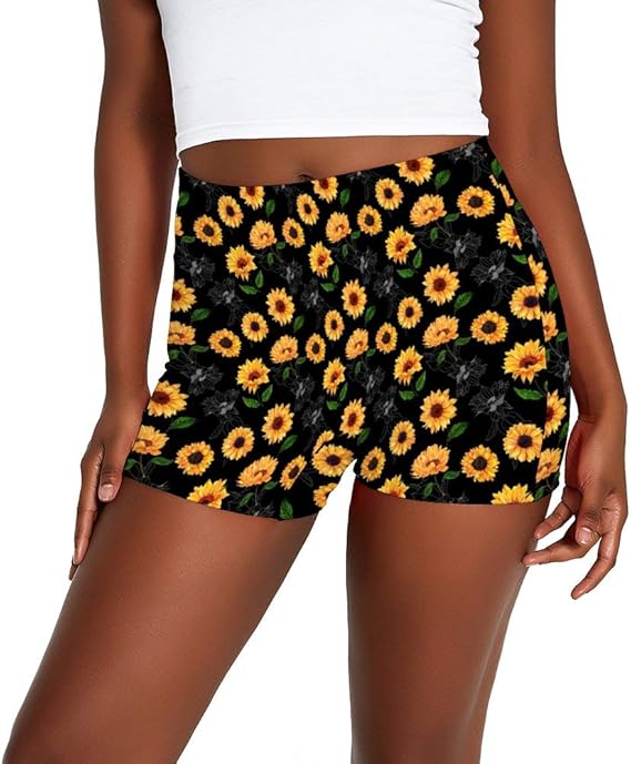 Women�s Gym Shorts Sunflower Black Leaves Stretchy Slim