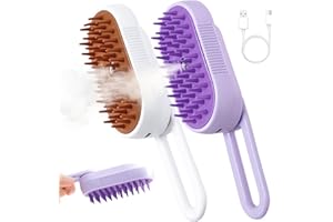 FRAMICS 2 Pcs Cat Steam Brush Set-3 in 1 Steamy Cat Brush with Swivel Handle, Rechargeable Steamy Pet Brush Cat Grooming Brush, Spray Cat Steamer Brush for Massage, Pet Hair Removal Comb(White/Purple)