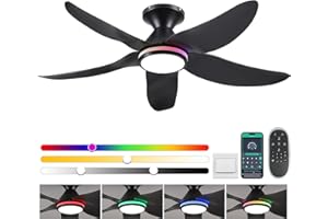 KVIFLON 46" Ceiling Fans with Lights Remote/APP Control, Low Profile Ceiling Fans with Dimmable White Colors+Ring RGB Lights, 6 Speeds 5 Reversible Curved Blades for Kids Room Bedroom Living Room Bar, Black