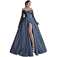 Off Shoulder Satin Prom Dresses Lace Wedding Dresses for Bride Long Sleeve Ball Gowns for Women Formal with Split