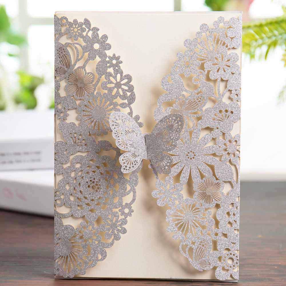 FLZOPYNE Silver Glitter Wedding Invitations Cards with 20x Laser Cut Butterfly Lace Flower Design for Birthday Party Quinceanera Sweet (Set of 20pcs)