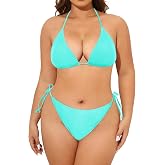 Women Plus Size Sexy Bikini Set String Two Piece Triangle Bathing Suit | Halter,Mid Waist,Side Tie,Quick Dry,Removable Pads