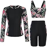 JACK SMITH Women's 3 Piece Long Sleeve Rash Guard Swimsuits Zip Front Bathing Suit Tankini Swimsuits UPF 50