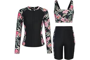 JACK SMITH Women's 3 Piece Long Sleeve Rash Guard Swimsuits Zip Front Bathing Suit Tankini Swimsuits UPF 50