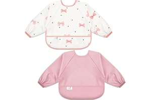 BebeBiu Long Sleeve Baby Bib, Waterproof Fabric, Full Coverage with Catch-All Pocket, 6-24 Months, 2-Pack