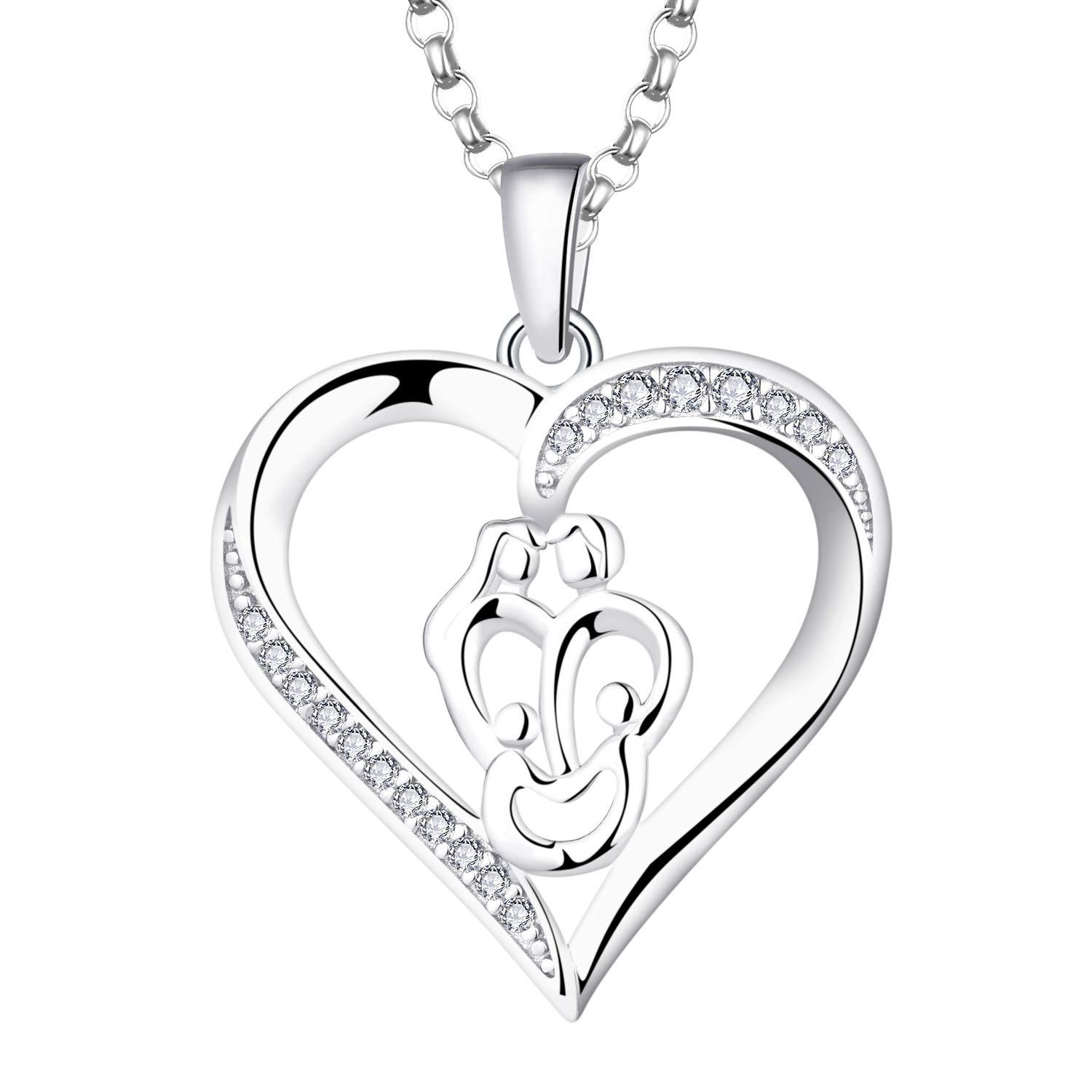 JO WISDOM Women Mum Heart Necklace,925 Sterling Silver Mother 2-Kids Daughter/Son Father Family AAA Cubic Zirconia Pendant Necklace,Gift for Mum
