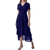 Olaesa Women's Chiffon Tiered Midi Dress Short Sleeve Layered Flowy Long Dress Smocked Waist Wedding Guest Dresses