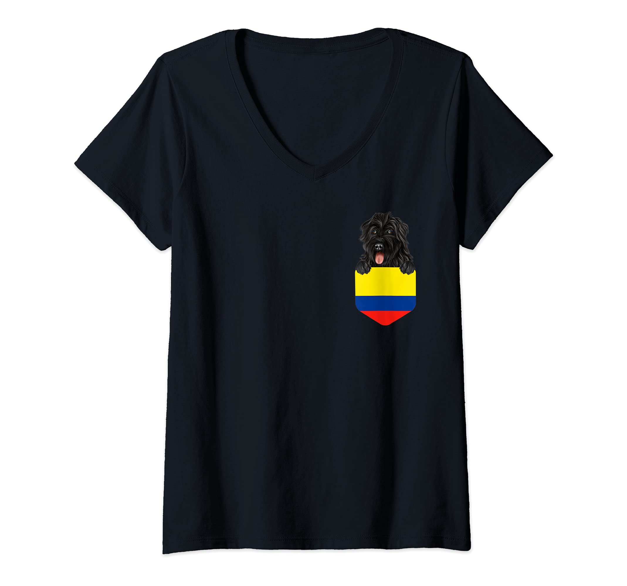 Womens Colombia Flag Bouvier des Flandres Dog In Pocket V-Neck T-Shirt