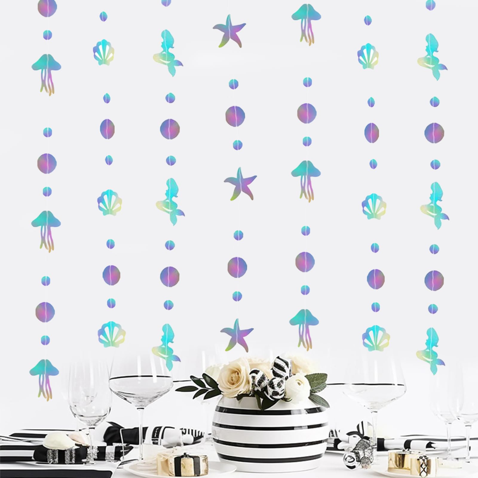 AWAVM 52Ft Iridescent Mermaid Party Decorations, Supplies, Bubble Pearl Starfish Seashell Jellyfish Garland, Holographic Paper Bunting Streamers, Under the Sea Decorations
